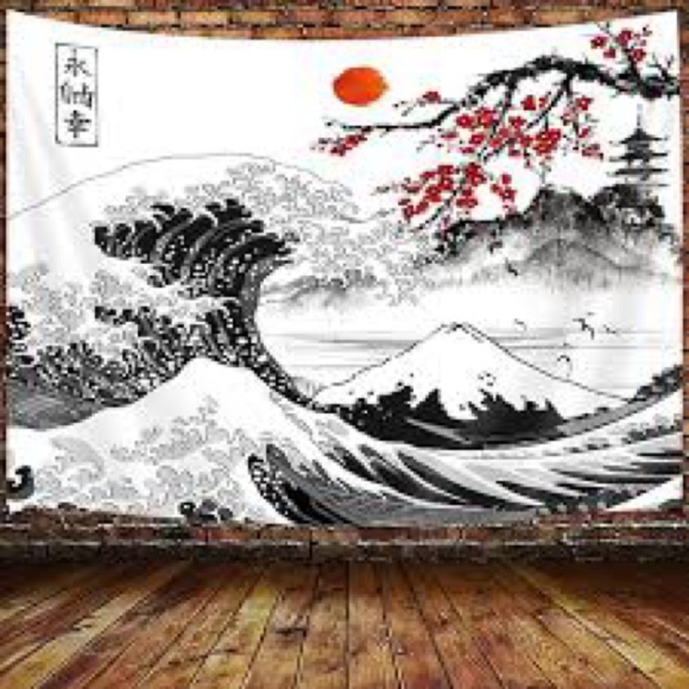 Japanese Wave and Mountain Tapestry - Black, White, Red NWT 10